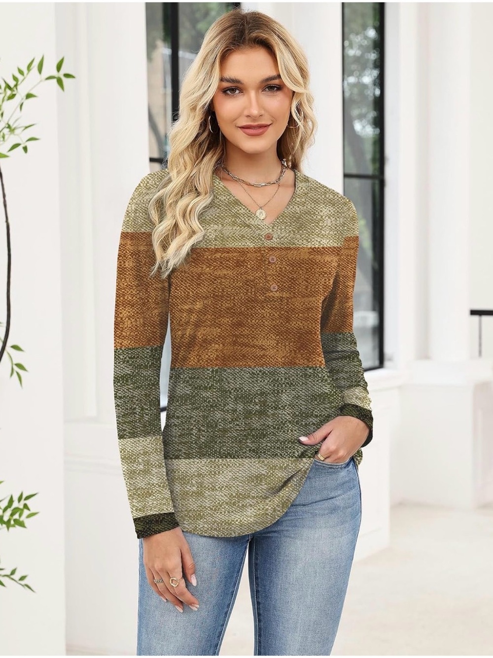 Striped V-Neck Long Sleeve Top in Olive, Brown & Cream
